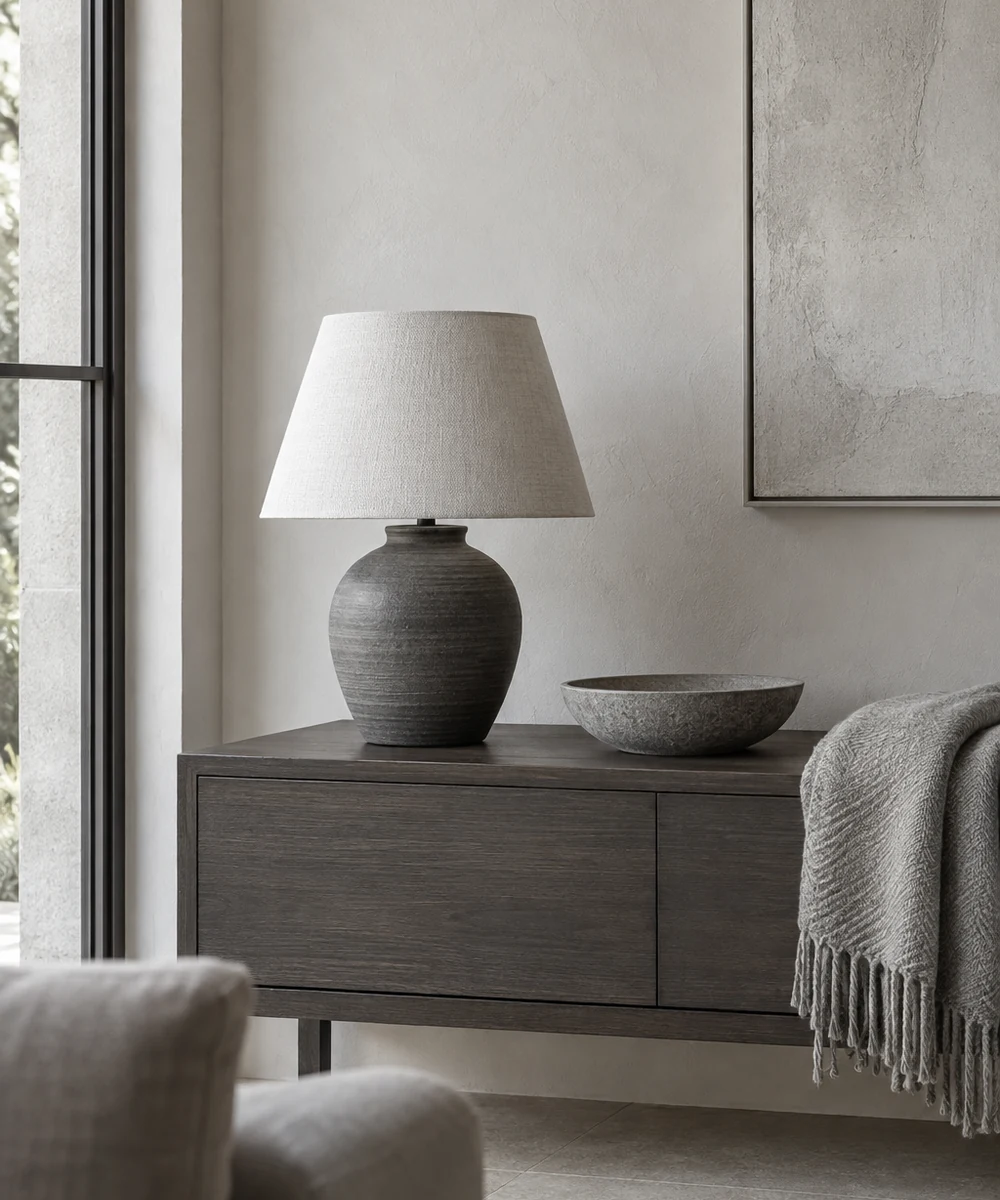 A neutral table lamp on a console with clear surrounding space