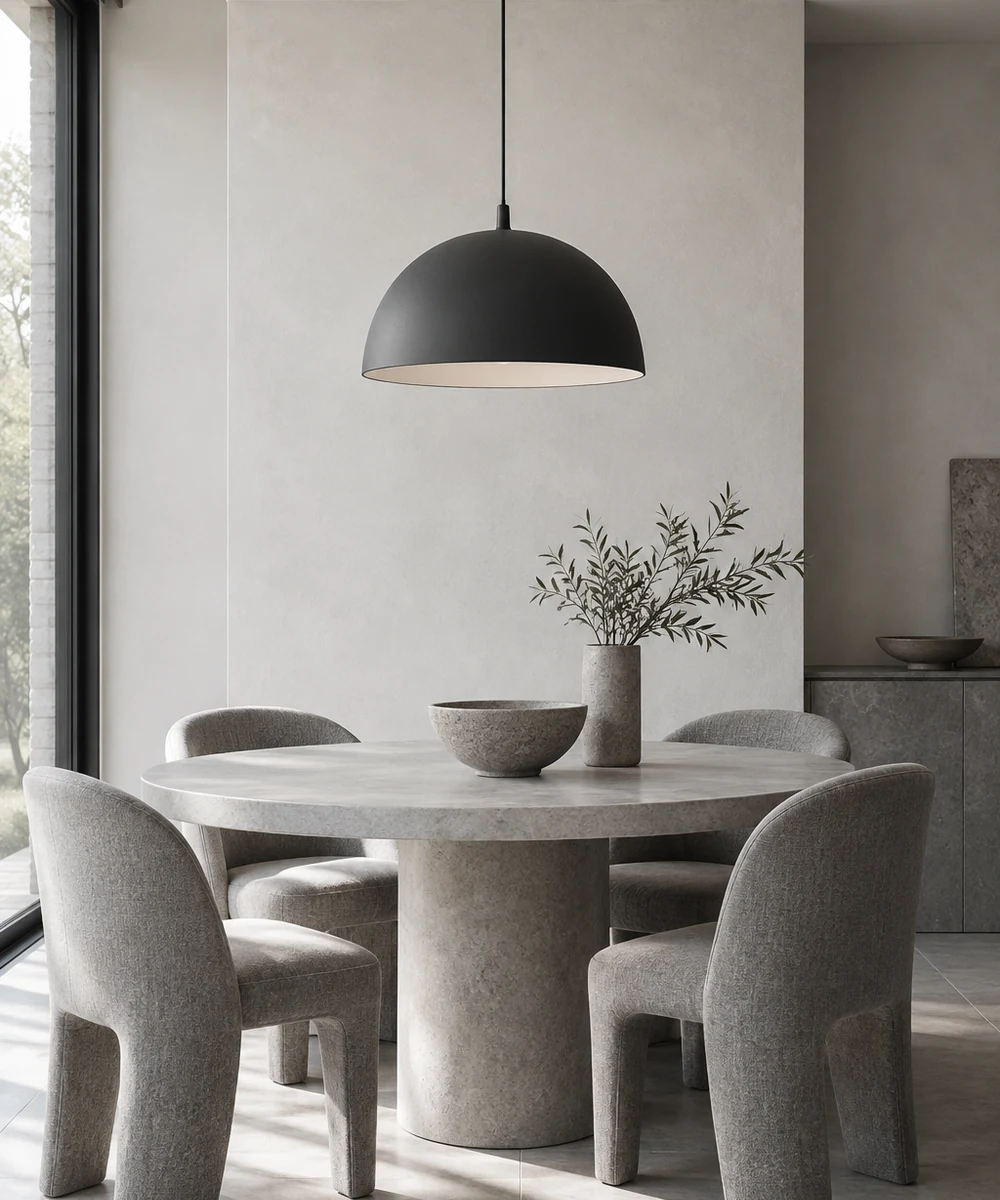 A neutral dining nook showing a pendant positioned above a table