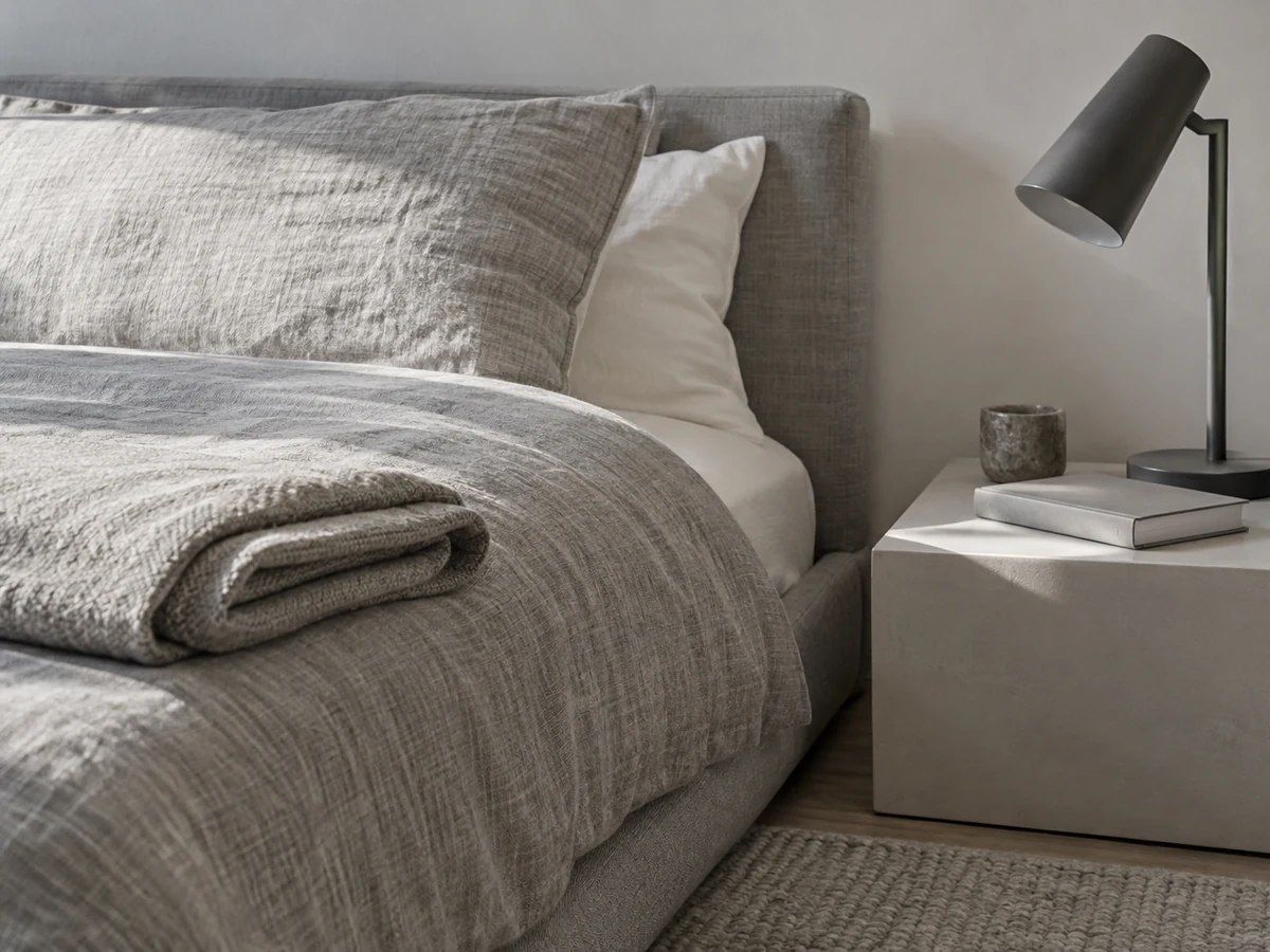 Grey linen bedding and a reachable bedside lamp in daily use