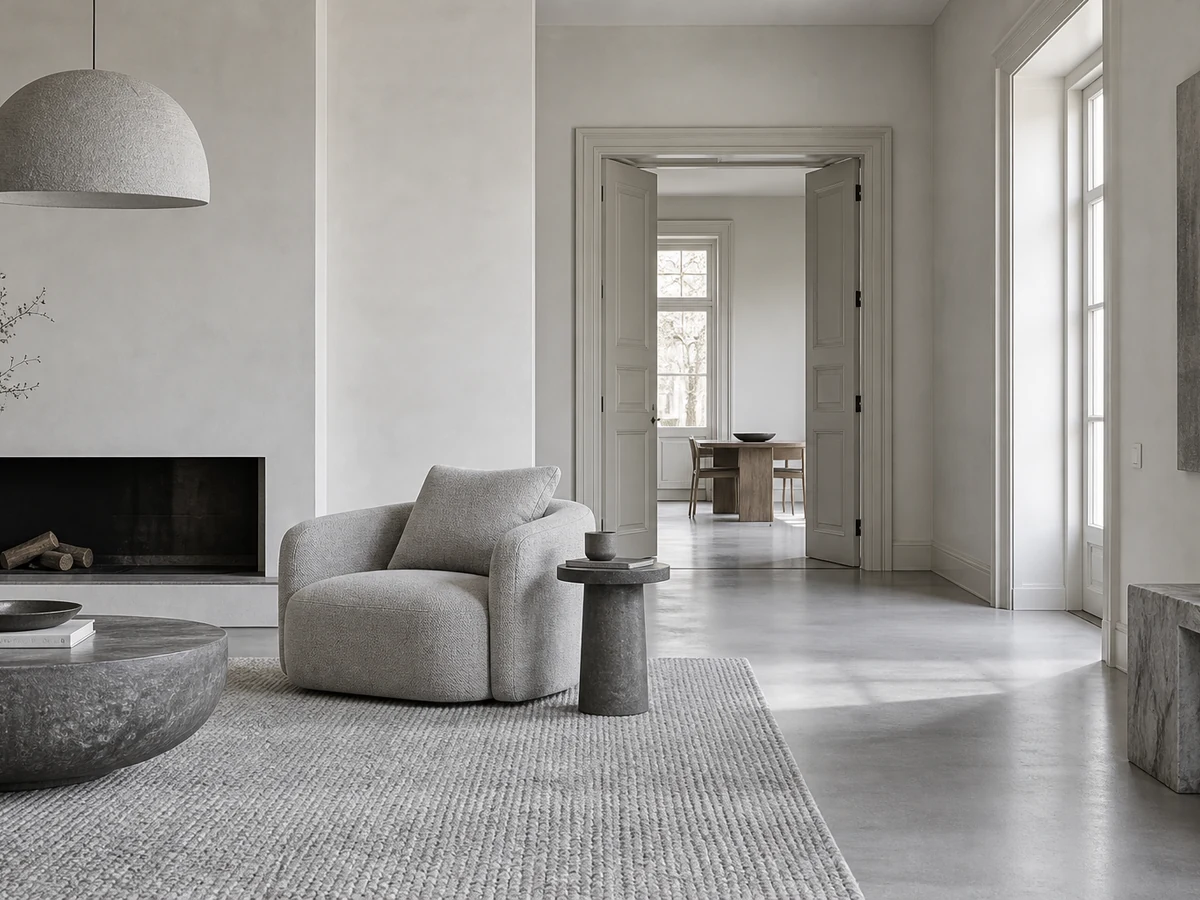 A compact armchair and side table with clear circulation space