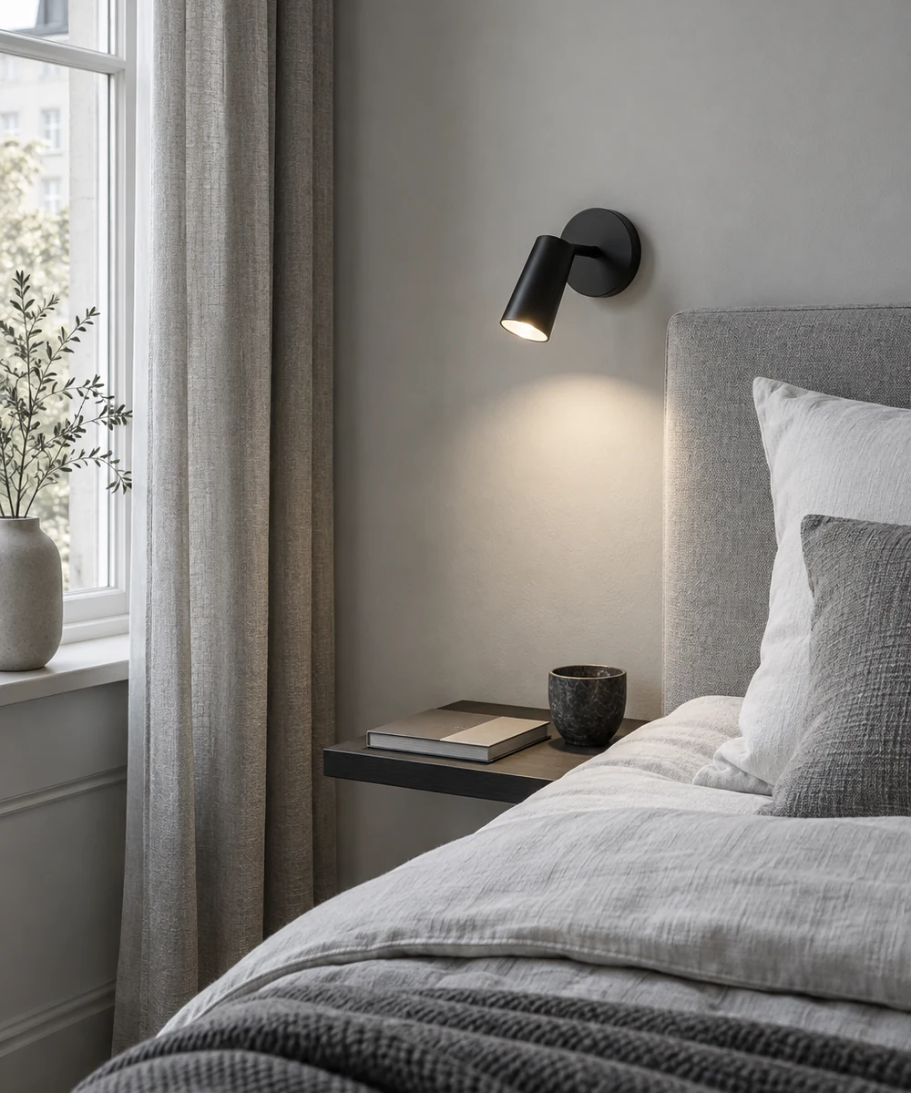 A wall light beside a grey upholstered bed and reading shelf