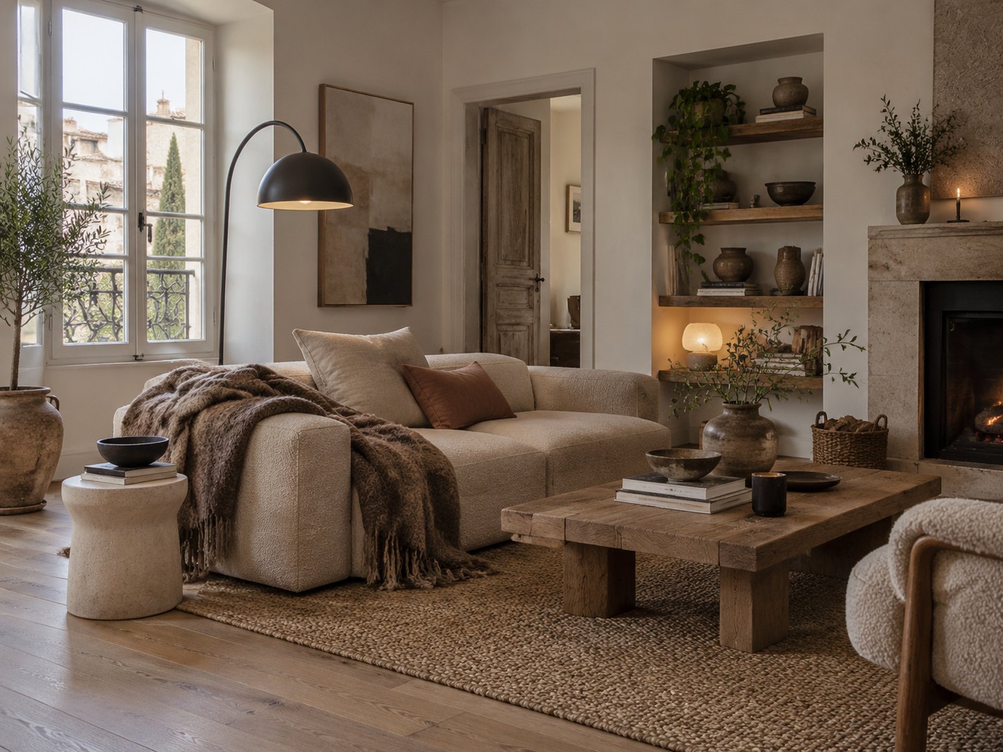 Zamieszkany salon z lampą, sofą, tkaninami, kamieniem i drewnem