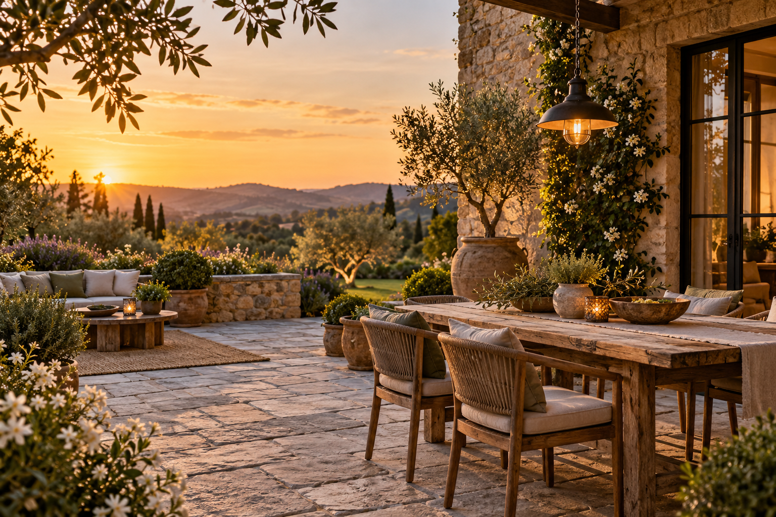 Outdoor terrace with a wall light and greenery