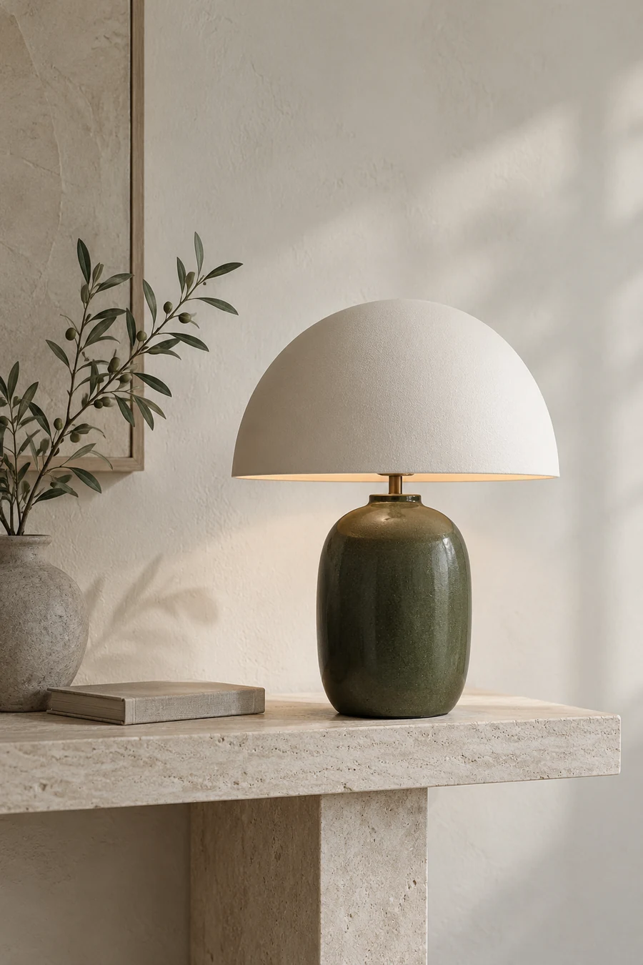 Olive ceramic table lamp on a pale stone console in soft daylight